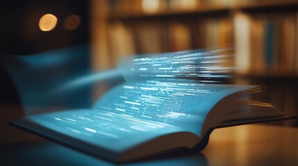 Poster - A glowing book emits luminous digital lines, symbolizing knowledge and learning. The artistic representation merges traditional literature with modern technology.