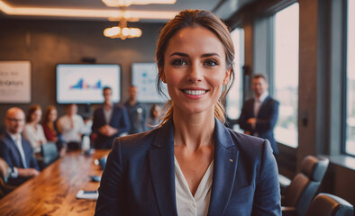 Poster - Woman in a business suit is smiling at the camera. She is surrounded by a group of people, some of whom are wearing suits and ties. The room is decorated with a large TV and a few chairs