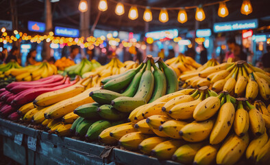 Poster - Bunch of bananas are displayed in a market. The bananas are yellow and green. There are many people in the background