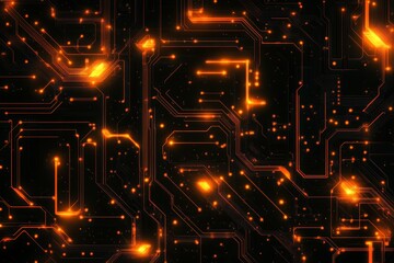Poster - A black and orange background with many glowing lights. The image is of a computer circuit board with many small lights on it. Scene is futuristic and technological