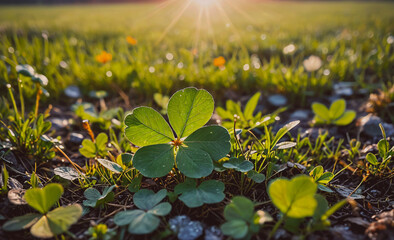Poster - Small green leaf is in the middle of a field of grass. The leaf is shaped like a clover and is surrounded by other clover leaves. Concept of growth and renewal