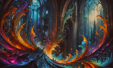 Poster - Colorful painting of a building with a large archway. The archway is surrounded by a rainbow of colors, and the building is depicted as a castle. The painting has a dreamy, whimsical feel to it