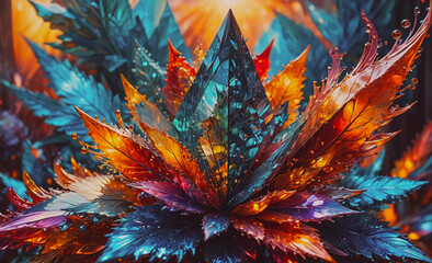 Poster - Colorful flower with a blue stem. The flower is made of glass and has a shiny, reflective surface