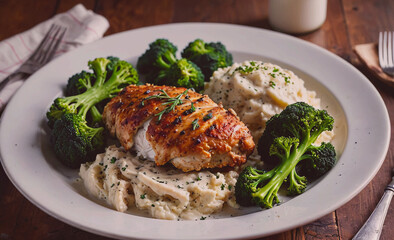 Aufkleber - Plate of chicken, potatoes, and broccoli. The chicken is cooked and has a nice crispy texture. The broccoli is fresh and green, and the potatoes are cooked and fluffy. The plate is set on a wooden