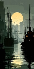 Poster - A tranquil harbor scene at dusk featuring silhouetted boats against a golden full moon reflection on calm waters, creating a serene atmosphere.