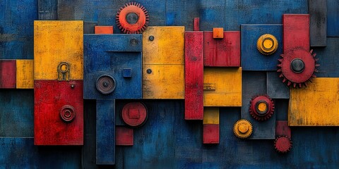 Poster - Colorful abstract wall art featuring gears and geometric shapes in a vibrant urban setting