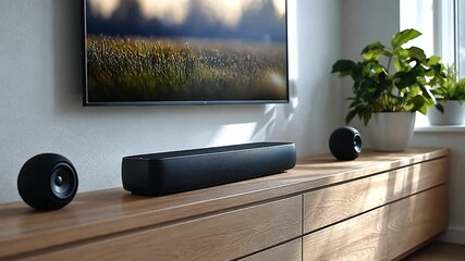 Modern soundbar system on wooden furniture in a bright room.  Possible use Home entertainment product display