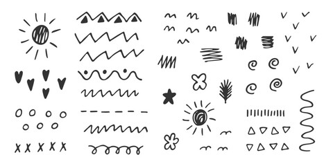 Poster - Black Doodle abstract elements set isolated. Cute child drawings. Scribble Sketch wavy lines flower hearts sun swirl stroke. Perfect for creative kids design creative designs scrapbooking social media