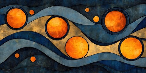 Poster - Colorful abstract artwork featuring circular shapes and flowing lines in vibrant hues of orange and blue tones
