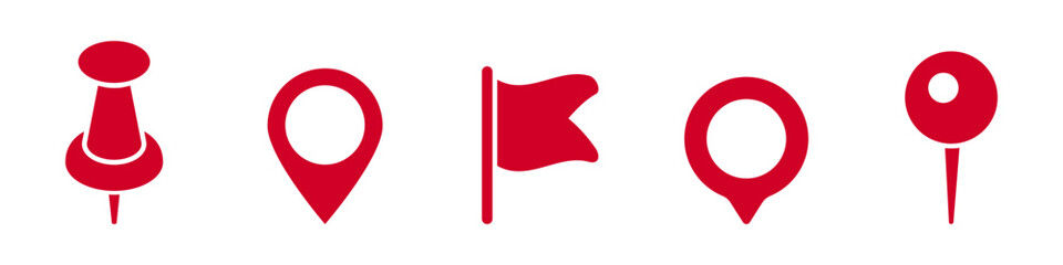 Poster - Red location markers and flags in various shapes for maps and navigation. simple and effective icons.