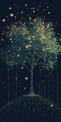Poster - a captivating digital illustration of a luminous tree illuminated by glowing particles against a dar