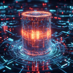 Poster - Futuristic Data Storage Concept with Neon Lights and Digital Circuits