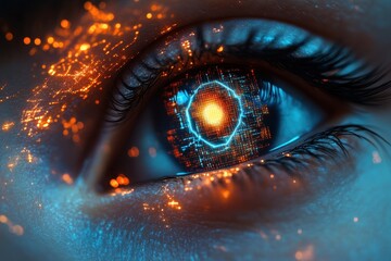 Poster - Eye reflecting digital patterns and glowing circuits in deep blue tones during a futuristic exploration of technology