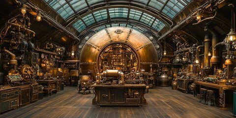 Poster - Steampunk workshop filled with vintage machinery and intricate designs in a warmly lit environment