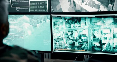 Poster - Army, check and computer screen for security video, military air control and monitor war. Person, cctv footage and global surveillance for safety, government protection and satellite to report danger