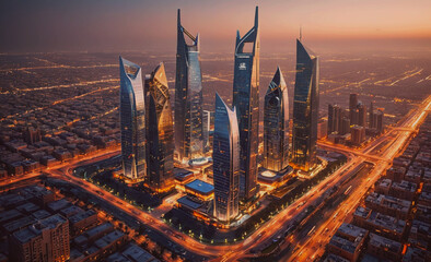 Poster - Cityscape with tall buildings and a large round building in the center. The buildings are lit up at night, creating a warm and inviting atmosphere