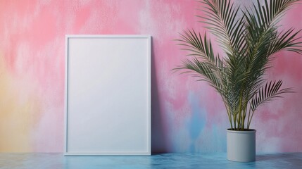 Poster - A blank white frame stands against a colorful pastel wall blending pink and blue hues. Beside it, a vibrant green plant adds freshness to the tranquil atmosphere of the room