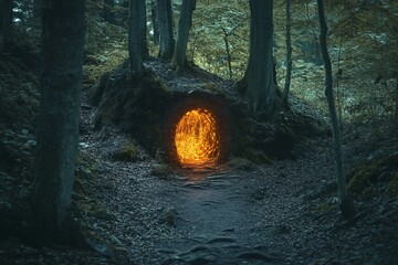 Poster - Discover a captivating forest pathway leading to a glowing portal, surrounded by tall trees and autumn leaves, creating an enchanting atmosphere.