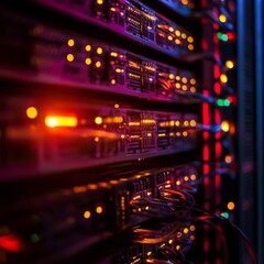 Poster - A vibrant data center showcasing glowing servers with colorful LED lights. Cables connect various hardware, highlighting a modern technology environment.