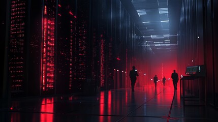 Poster - A dimly lit server room illuminated by red lights, featuring silhouetted figures moving through the corridor, evokes a sense of mystery and modern technology.