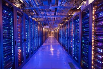 Poster - High-Tech Data Center with Bright Blue LED Lights and Servers