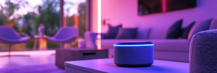 Aufkleber - Stylish living room featuring smart speakers with dynamic lighting and music control while engaging in voice commands
