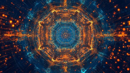 Poster - Explore a captivating abstract digital pattern featuring glowing geometric shapes in vibrant blue and orange hues, creating an energetic visual experience.