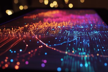 Poster - This vibrant abstract digital data visualization features colorful lights and glowing lines, creating a captivating modern atmosphere suitable for technology-themed projects.