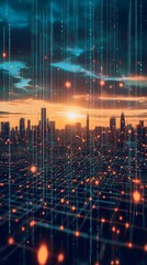 Poster - A city skyline with a sun setting in the background. The city is lit up with bright lights, creating a warm and inviting atmosphere