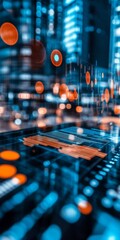 Poster - abstract data visualization with blue and orange circles in cityscape