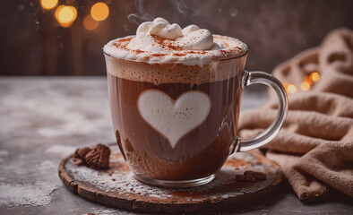 Aufkleber - Mug of hot chocolate with a heart design on it sits on a wooden table. The steam rising from the mug creates a cozy and inviting atmosphere