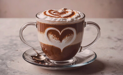 Poster - Cup of coffee with a heart design on it sits on a saucer. The heart design is made with chocolate and whipped cream, giving the cup a romantic and cozy appearance. The cup is placed on a table