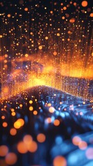 Poster - A vibrant abstract image showcasing dynamic motion with bright glowing particles and flowing light effects, perfect for technology and futuristic themes.