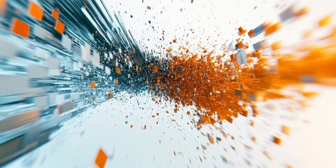 Poster - A blurry image of orange and blue squares and circles. The image is abstract and chaotic, with no clear subject or focal point. The colors and shapes seem to be randomly scattered