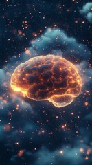 Poster - This image showcases a glowing brain in a cosmic setting, filled with colorful particles. It symbolizes creativity, innovation, and the power of thought.
