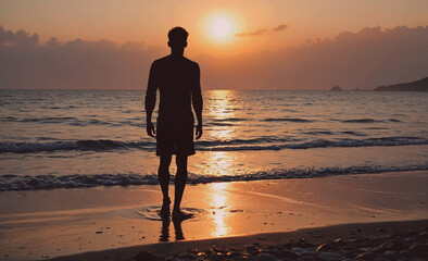Poster - Man stands on the beach at sunset. The sky is orange and the water is calm. The man is alone and looking out at the ocean
