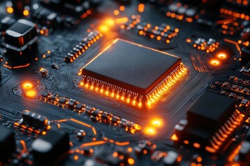 Poster - Close-up view of a high-tech circuit board with glowing components at night