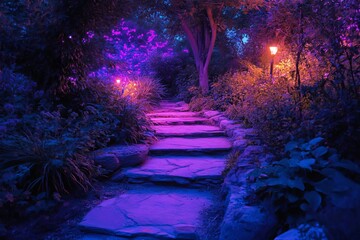 Poster - A mesmerizing pathway in a lush garden, softly illuminated by vibrant lights. The tranquil setting invites exploration and relaxation amidst nature's beauty.