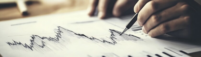 Poster - A close-up view of a hand analyzing financial graphs with a pen, illustrating data analysis concepts in business.
