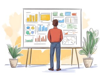 Fototapete - A person analyzing data on a presentation board surrounded by plants, showcasing insights and statistics.