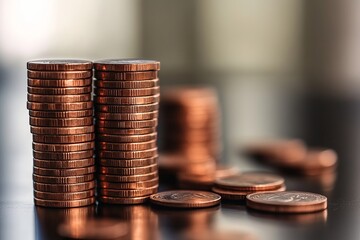 Poster - a pile of coins, including pennies, nickels, dimes, and quarters, is stacked on top of each other