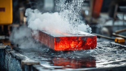 Aufkleber - Heating process of red hot metal billets undergoing tempering in a workshop with steam clouds filling the air