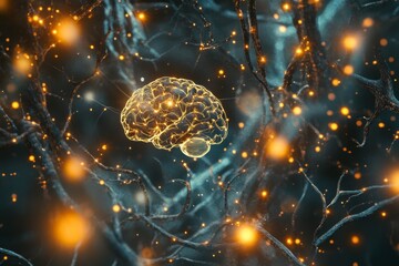 Poster - A brain is shown in a computer generated image with a lot of glowing lights surrounding it. Concept of wonder and fascination with the complexity of the human brain