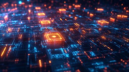 Poster - Explore this vibrant abstract background featuring glowing circuit elements. The interplay of blue and orange light creates a dynamic futuristic atmosphere.