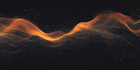Poster - This captivating abstract image showcases elegant waves of golden particles flowing gracefully across a deep black background, creating a visually stunning effect.