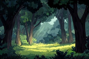 Poster - A peaceful forest scene featuring lush trees and vibrant greenery illuminated by gentle rays of sunlight, creating a serene and inviting atmosphere.