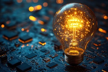 Poster - Bright light bulb glowing above circuit board with electronic components and abstract technology background