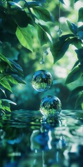 Poster - Two reflective spheres hang gracefully over calm water, surrounded by lush greenery. This serene scene captures the beauty of nature's harmony and tranquility.