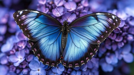 Poster - A magnificent blue butterfly rests delicately on clusters of lilac flowers, basking in the warm sunlight of a spring morning. The stunning contrast enhances the beauty of nature