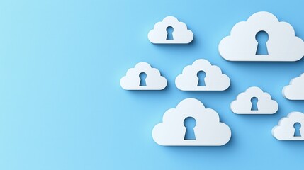 Poster - Flat design illustration of encrypted clouds with keyholes on a soft blue background for digital security themes